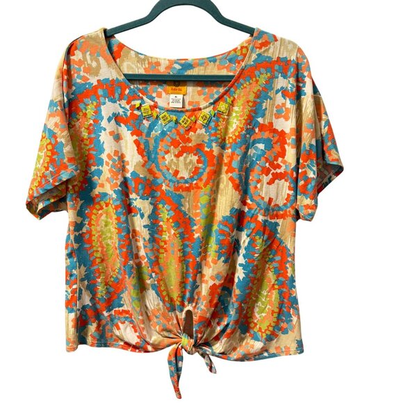 Ruby Rd. Blouse Sz XL Tie-Front Short Sleeve Top With Geometric Print & Embellis - Picture 1 of 12